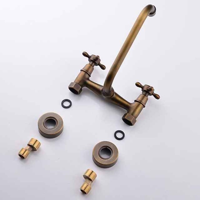 Wall Mount Bathroom Sink Mixer Faucet, Widespread Brass 3 Holes 2 Handles Vintage Basin Taps Washroom with Hot and Cold Water Hose