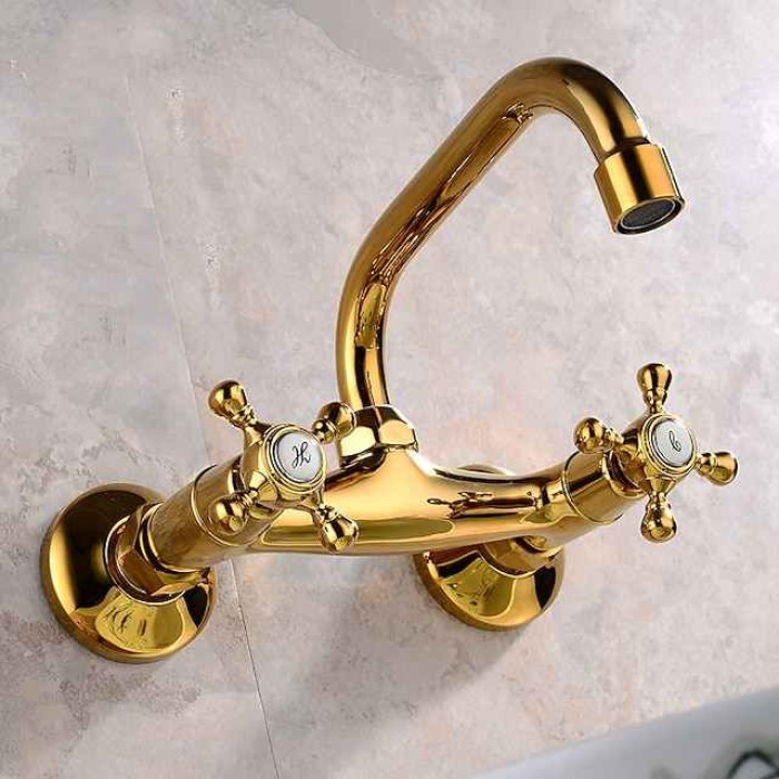 Bathroom Sink Mixer Faucet Wall Mounted Golden, Twin Handle Two Holes Basin Taps, Brass Vessel Tap