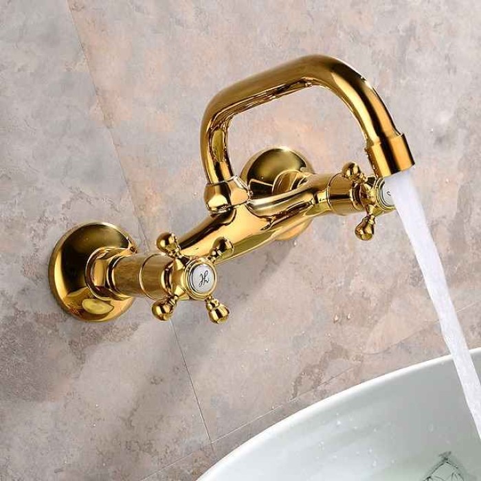 Bathroom Sink Mixer Faucet Wall Mounted Golden, Twin Handle Two Holes Basin Taps, Brass Vessel Tap