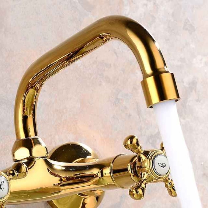 Bathroom Sink Mixer Faucet Wall Mounted Golden, Twin Handle Two Holes Basin Taps, Brass Vessel Tap