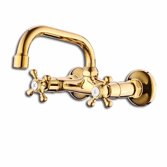 Bathroom Sink Mixer Faucet Wall Mounted Golden, Twin Handle Two Holes Basin Taps, Brass Vessel Tap