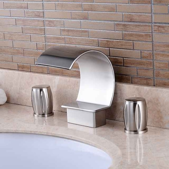 Bathroom Sink Faucet,Silvery Two Handles Three Holes Deluxe Waterfall Brush Nickel Polished Widespread Brass Bathroom Sink Faucet With Cold and Hot Switch