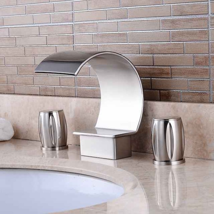 Bathroom Sink Faucet,Silvery Two Handles Three Holes Deluxe Waterfall Brush Nickel Polished Widespread Brass Bathroom Sink Faucet With Cold and Hot Switch