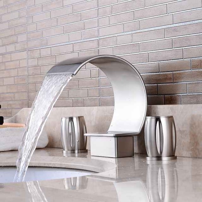 Bathroom Sink Faucet,Silvery Two Handles Three Holes Deluxe Waterfall Brush Nickel Polished Widespread Brass Bathroom Sink Faucet With Cold and Hot Switch