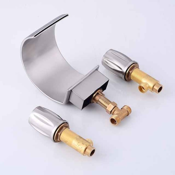 Bathroom Sink Faucet,Silvery Two Handles Three Holes Deluxe Waterfall Brush Nickel Polished Widespread Brass Bathroom Sink Faucet With Cold and Hot Switch