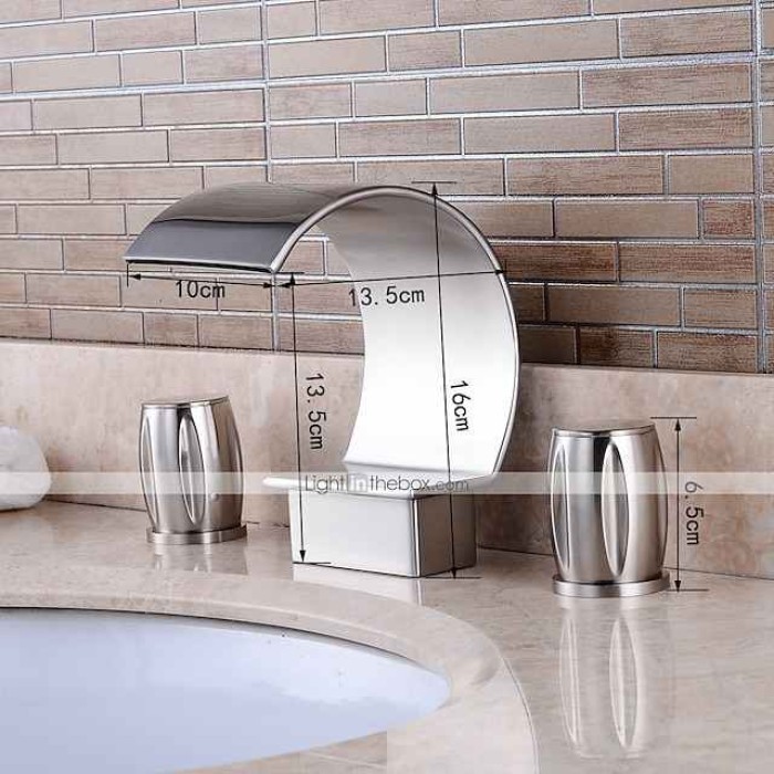 Bathroom Sink Faucet,Silvery Two Handles Three Holes Deluxe Waterfall Brush Nickel Polished Widespread Brass Bathroom Sink Faucet With Cold and Hot Switch