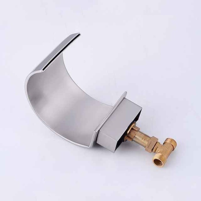 Bathroom Sink Faucet,Silvery Two Handles Three Holes Deluxe Waterfall Brush Nickel Polished Widespread Brass Bathroom Sink Faucet With Cold and Hot Switch