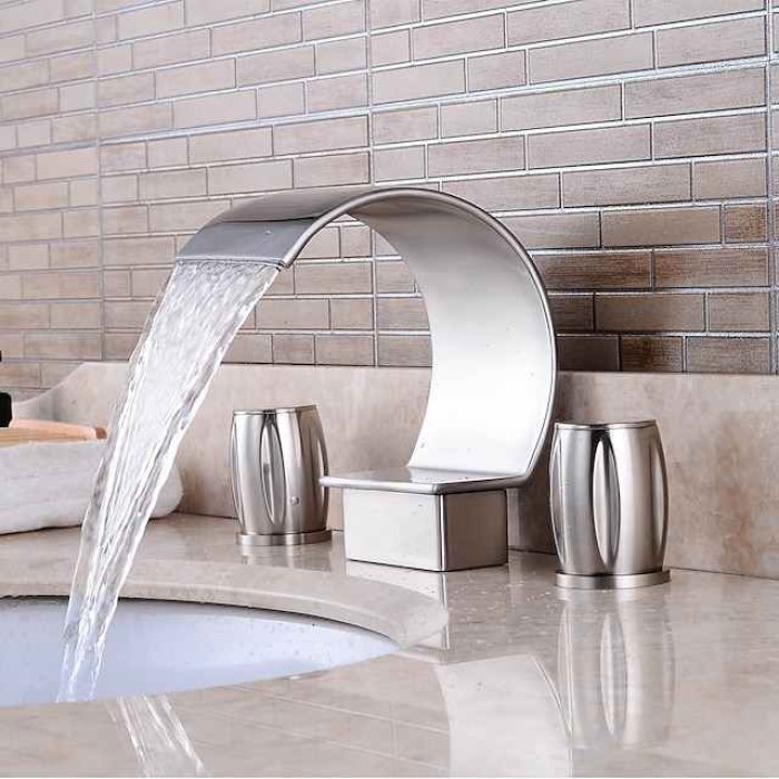 Bathroom Sink Faucet,Silvery Two Handles Three Holes Deluxe Waterfall Brush Nickel Polished Widespread Brass Bathroom Sink Faucet With Cold and Hot Switch