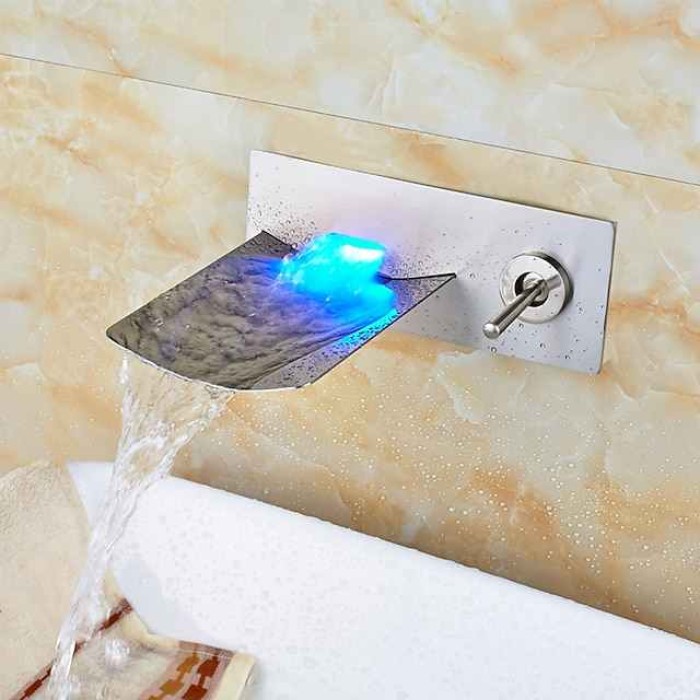 Bathroom Sink Faucet - LED / Wall Mount / Waterfall Nickel Brushed Wall Mounted Two Holes / Single Handle Two HolesBath Taps