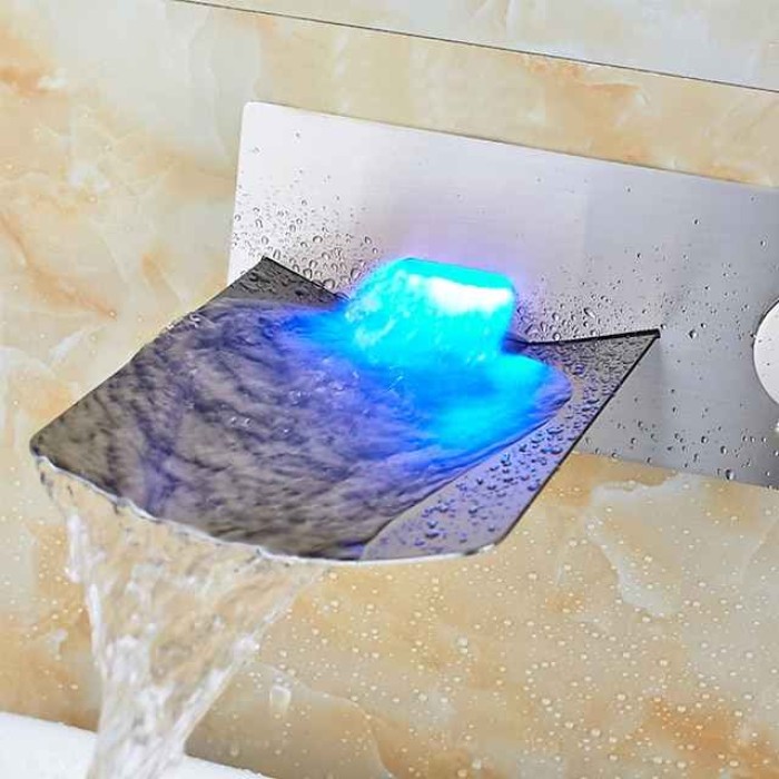 Bathroom Sink Faucet - LED / Wall Mount / Waterfall Nickel Brushed Wall Mounted Two Holes / Single Handle Two HolesBath Taps