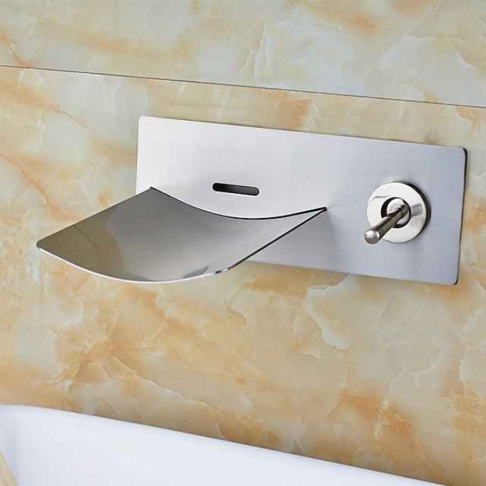 Bathroom Sink Faucet - LED / Wall Mount / Waterfall Nickel Brushed Wall Mounted Two Holes / Single Handle Two HolesBath Taps