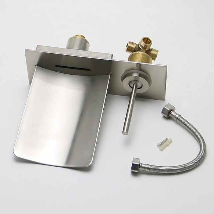 Bathroom Sink Faucet - LED / Wall Mount / Waterfall Nickel Brushed Wall Mounted Two Holes / Single Handle Two HolesBath Taps