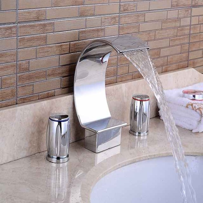 Widespread Bathroom Sink Faucet,Two Handle Three Holes, Brass Waterfall Chrome Bath Taps