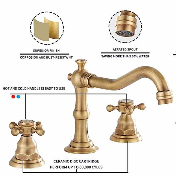 Bathroom Sink Faucet,Widespread Two Handle Three Holes, Brass Bath Taps, Brass Bathroom Sink Faucet Contain with Cold and Hot Water