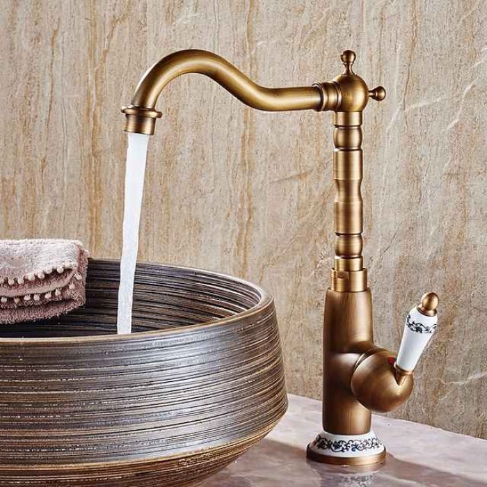 Bathroom Sink Faucet,Antique Brass Single Handle  One Hole Bath Taps, Retro Style Ceramic Handle Rotatable Faucet with Hot and Cold Switch