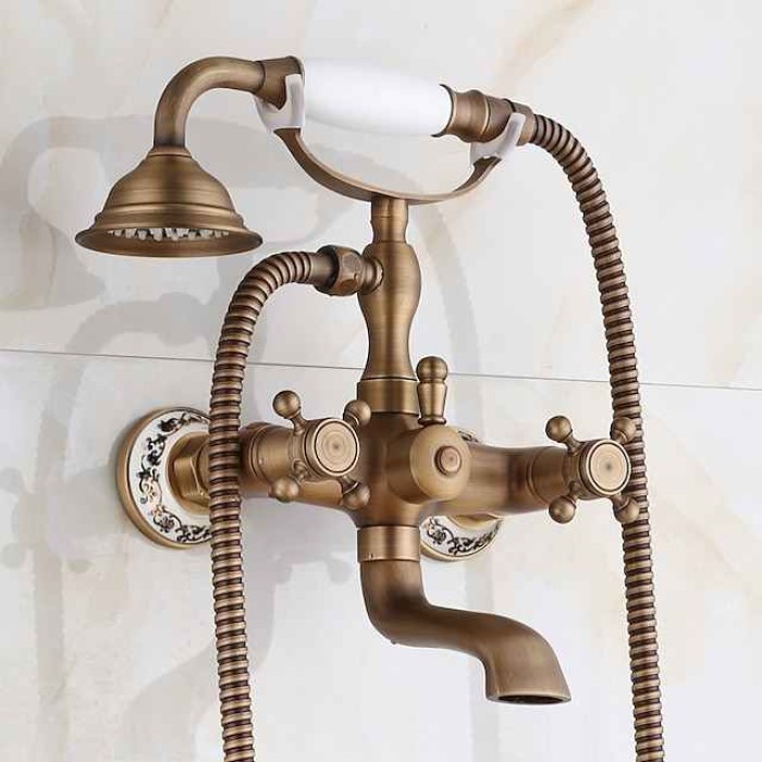 Bathtub Filler Cold/Hot Water Mixer Clawfoot Antique Copper Finish Wall Mount Tub Filler with Hand Held Shower Faucet 2 Cross Handles with Tub Spout Vintage Style