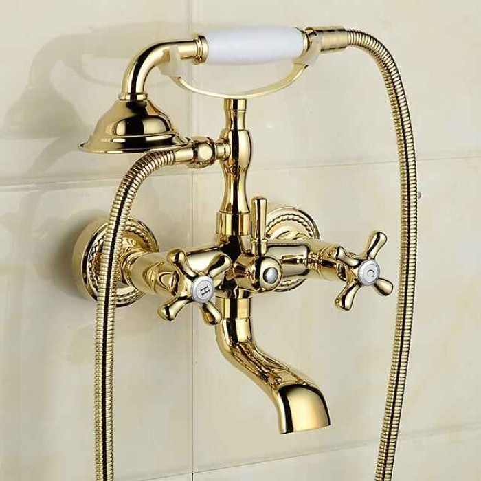 Bathtub Filler Cold/Hot Water Mixer Clawfoot Antique Copper Finish Wall Mount Tub Filler with Hand Held Shower Faucet 2 Cross Handles with Tub Spout Vintage Style