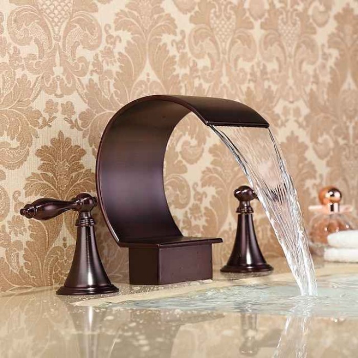 Widespread Bathroom Sink Faucet,Two Handle Three Holes, Brass Waterfall Oil-rubbed Bronze Bath Taps