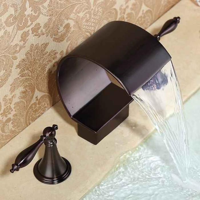 Widespread Bathroom Sink Faucet,Two Handle Three Holes, Brass Waterfall Oil-rubbed Bronze Bath Taps