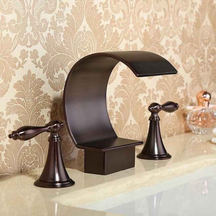 Widespread Bathroom Sink Faucet,Two Handle Three Holes, Brass Waterfall Oil-rubbed Bronze Bath Taps