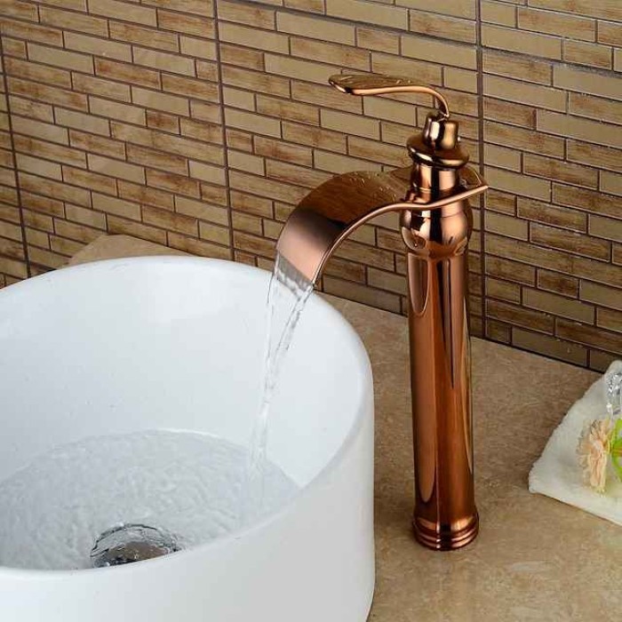 Brass Bathroom Sink Faucet,Waterfall Rose Gold Centerset Single Handle One Hole Bath Taps with Hot and Cold Water