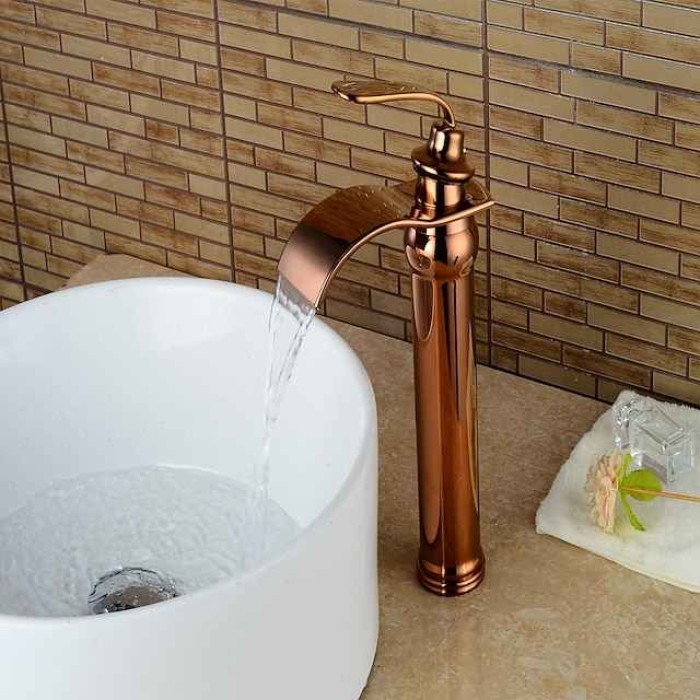 Brass Bathroom Sink Faucet,Waterfall Rose Gold Centerset Single Handle One Hole Bath Taps with Hot and Cold Water