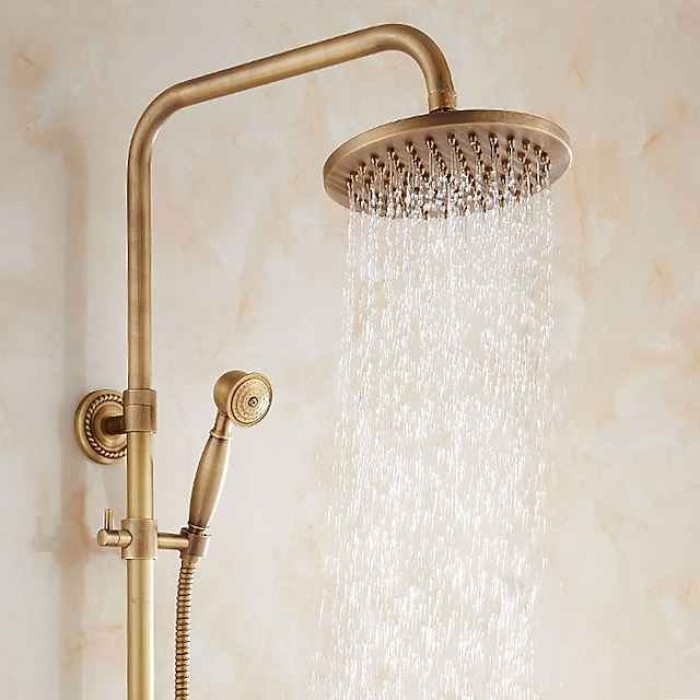 Vintage Shower System Faucet Set, 8" Rainfall Shower Head with Handheld Handshower Combo Kit Wall Mounted, Adjustable Brass Body and Single Handle One Hole Bath Shower Mixer Taps