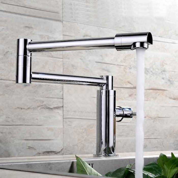 Foldable Kitchen Faucet Cold Water Only, Rotatable Kitchen  Brass Taps Chrome Single Handle One Hole Kitchen Sink Faucet