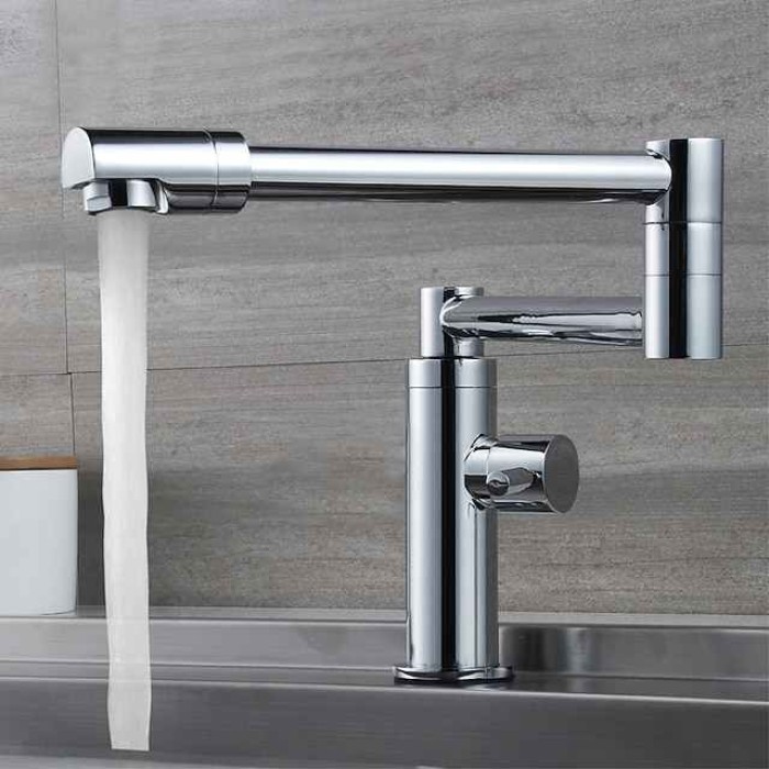 Foldable Kitchen Faucet Cold Water Only, Rotatable Kitchen  Brass Taps Chrome Single Handle One Hole Kitchen Sink Faucet