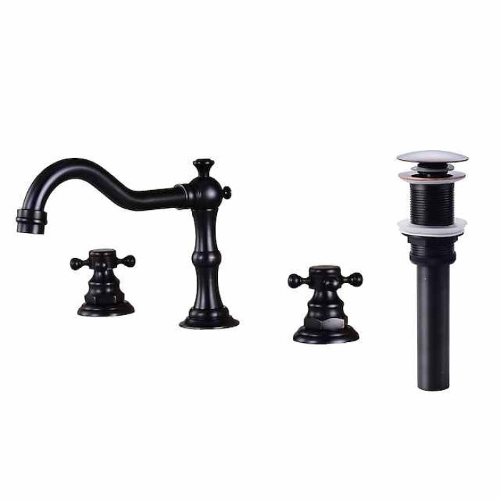 Widespread Bathroom Sink Faucet,Two Handle Three Holes, Brass ORB Bathroom Sink Faucet Contain with Supply Lines and Drain Plug and Hot/Cold Switch