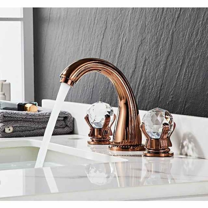 Widespread Bathroom Sink Mixer Faucet, Brass Basin Taps 2 Handle 3 Hole Retro Style Crystal Handle, Washroom Bath with Hot and Cold Water Hose