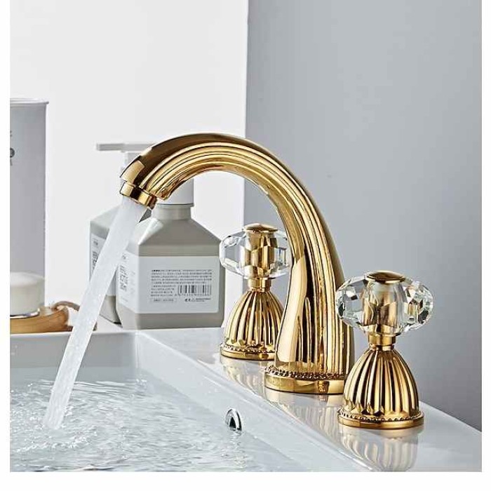 Widespread Bathroom Sink Mixer Faucet, Brass Basin Taps 2 Handle 3 Hole Retro Style Crystal Handle, Washroom Bath with Hot and Cold Water Hose