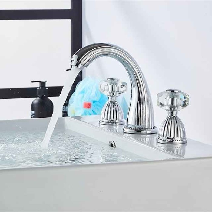 Widespread Bathroom Sink Mixer Faucet, Brass Basin Taps 2 Handle 3 Hole Retro Style Crystal Handle, Washroom Bath with Hot and Cold Water Hose