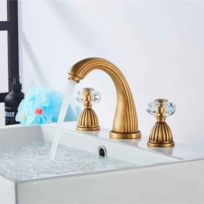 Widespread Bathroom Sink Mixer Faucet, Brass Basin Taps 2 Handle 3 Hole Retro Style Crystal Handle, Washroom Bath with Hot and Cold Water Hose