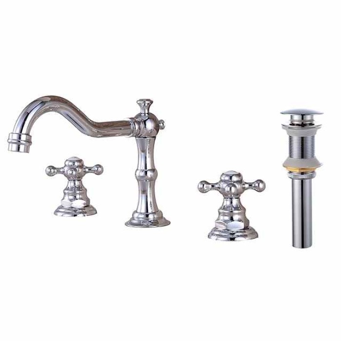 Bathroom Sink Faucet,Widespread Two Handle Three Holes, Brass Chrome Bathroom Sink Faucet Contain with Supply Lines and Drain Plug and Hot/Cold Switch