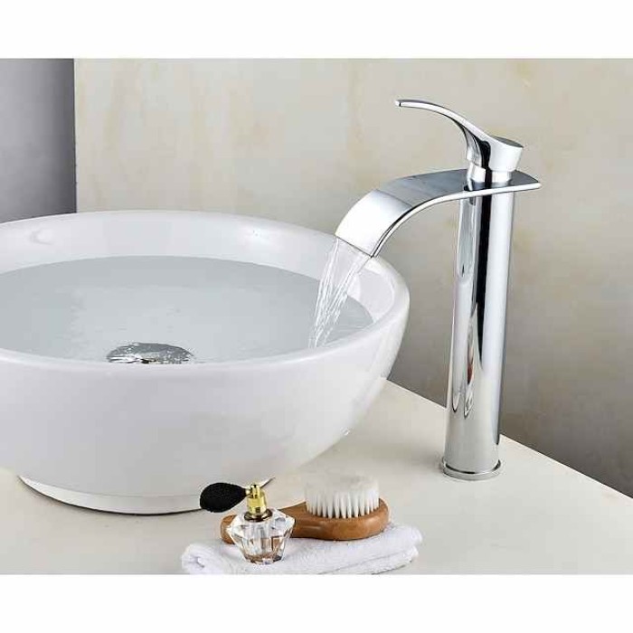 Bathroom Sink Faucet Modern Style Single Handle Chrome Waterfall Stainless Steel Contemporary Bathroom Faucet Adjustable to Cold and Hot Water Silvery