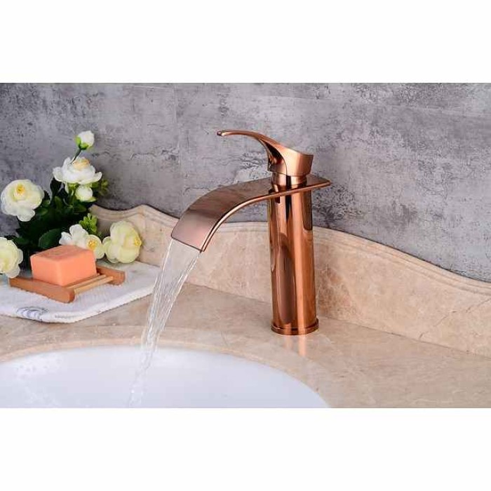 Bathroom Sink Faucet,Modern Style Single Handle Rose Golden One Hole Waterfall,Oil-rubbed Cooper with Drain and Brass Faucet Body with Hot and Cold Water and Pop-up Drain