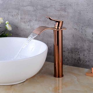 Brass Bath Sink Faucet with Drain,Waterfall Rose Gold Tall Centerset Single Handle One Hole Bath Taps with Hot and Cold Water