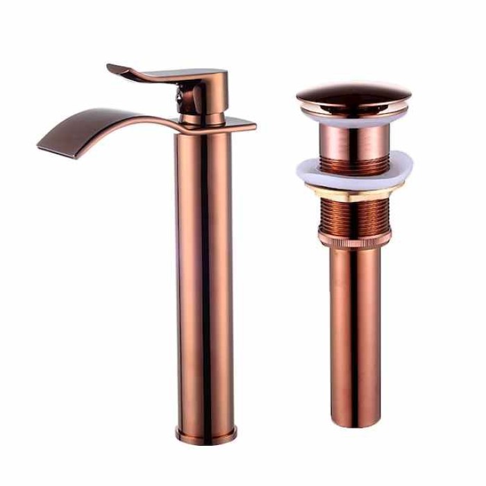 Brass Bath Sink Faucet with Drain,Waterfall Rose Gold Tall Centerset Single Handle One Hole Bath Taps with Hot and Cold Water