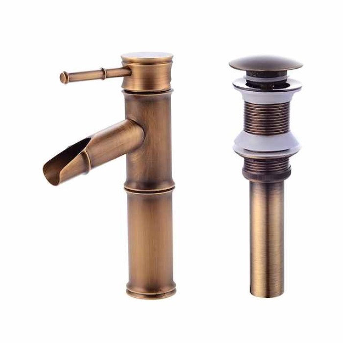 Brass Bathroom Sink Faucet,Single Handle One Hole Antique Copper Faucet Set with Pop-up Drain and Hot/Cold Water