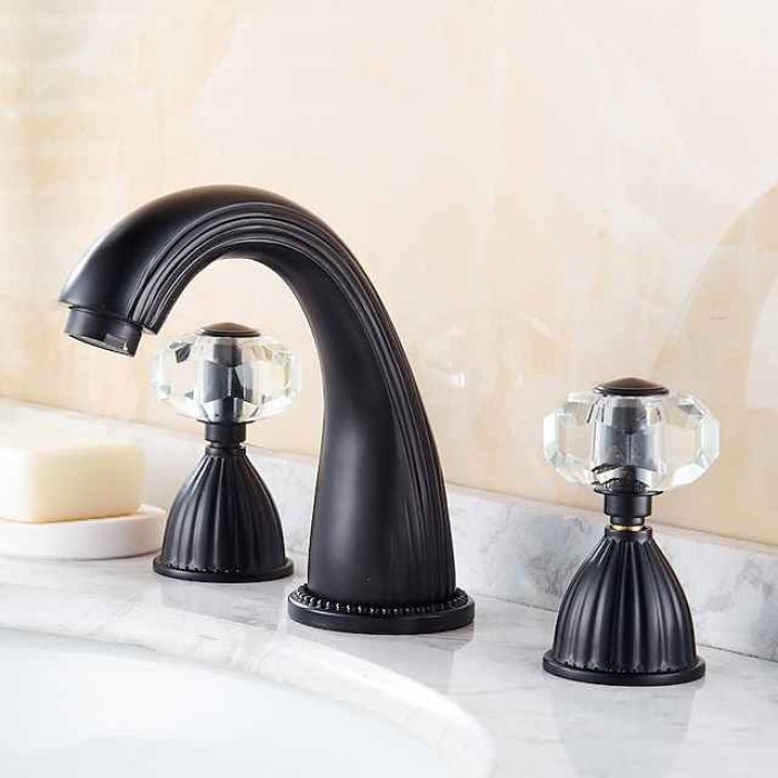 Widespread Bathroom Sink Mixer Faucet, 3 Holes 2 Handle Basin Tap, Retro Style Crystal Handle Brass Bathroom Sink Faucet Contain with Supply Lines and Hot Cold Water Hose Deck Mounted