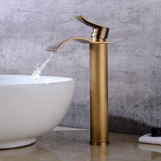 Antique Copper Bathroom Sink Faucet,Golden Waterfall Single Handle One Hole Bath Taps with Hot and Cold Water Switch