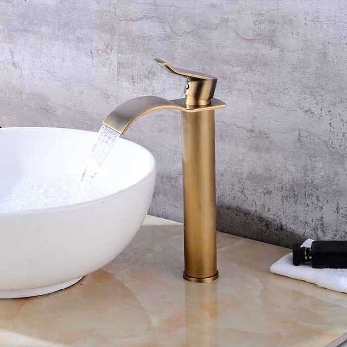 Antique Copper Bathroom Sink Faucet,Golden Waterfall Single Handle One Hole Bath Taps with Hot and Cold Water Switch