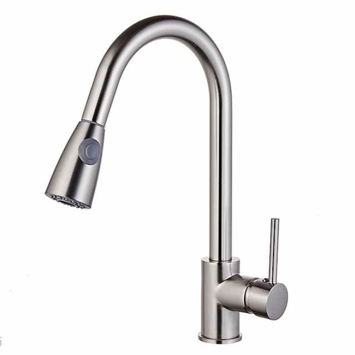 Kitchen Faucet,Minimalisht Style Brass Nickel Brushed Pull-out Tall High Arc Vessel Fashion Nickel Brushed Rotatable Contemporary Kitchen Taps with Hot and Cold Switch