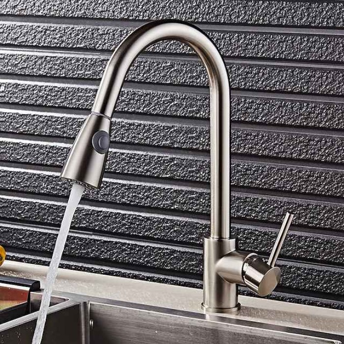 Kitchen Faucet,Minimalisht Style Brass Nickel Brushed Pull-out Tall High Arc Vessel Fashion Nickel Brushed Rotatable Contemporary Kitchen Taps with Hot and Cold Switch