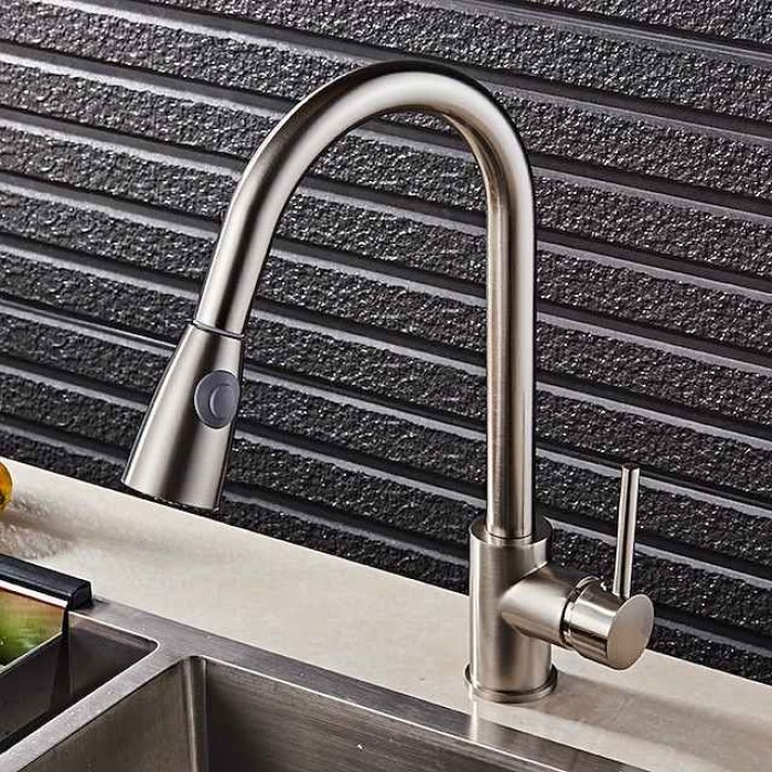 Kitchen Faucet,Minimalisht Style Brass Nickel Brushed Pull-out Tall High Arc Vessel Fashion Nickel Brushed Rotatable Contemporary Kitchen Taps with Hot and Cold Switch