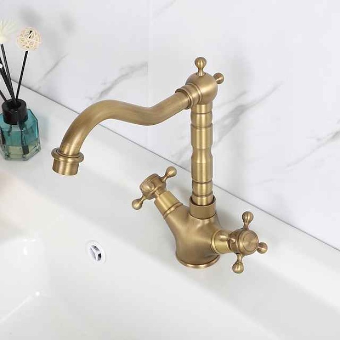 Single Handle Kitchen Faucet Antique Brass One Hole Rotatable Standard Spout/Tall/­High Arc, Brass Antique/COD Kitchen Faucet with Supply Lines / Adjustable to Cold and Hot Water