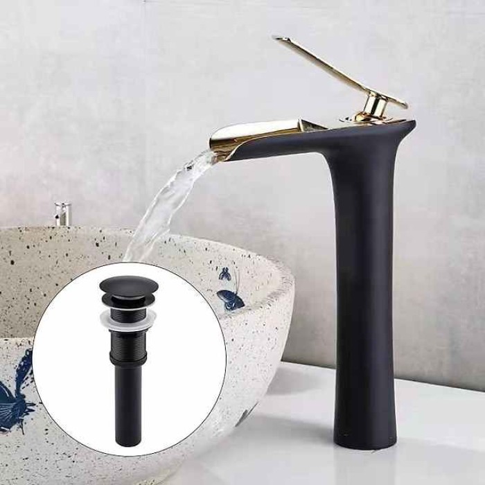 Brass Faucet Set,Waterfall Black Oxide Finish Deck Mounted Single Handle One Hole Bath Taps with Hot and Cold Switch