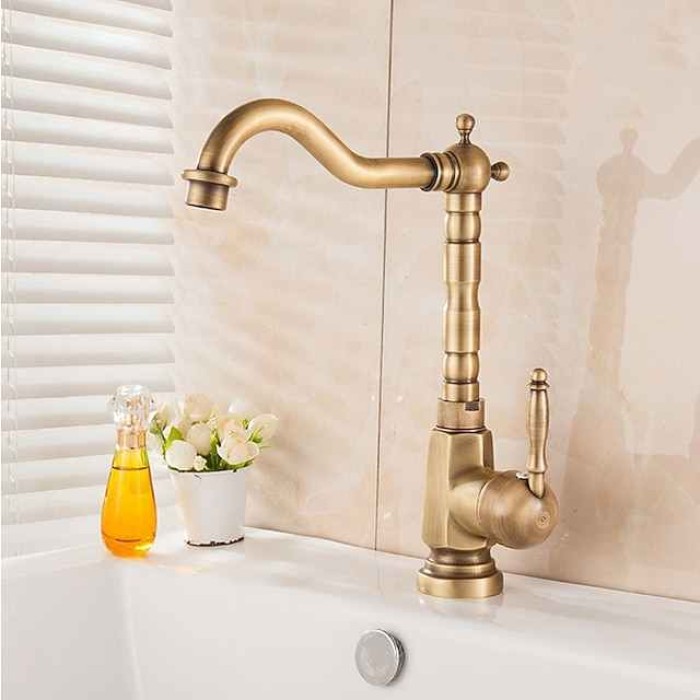 Kitchen Sink Mixer Faucet, 360 Swivel Single Handle Spring Kitchen Taps Deck Mounted, One Hole Brass Kitchen Sink Faucet Water Vessel Taps Retro Vintage