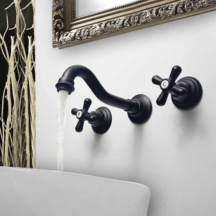 Bathroom Wall Mounted Sink Faucet,Industrial Style Brass Widespread Oil-rubbed Bronze Two Handles Three Holes Bath Taps with Hot and Cold Water